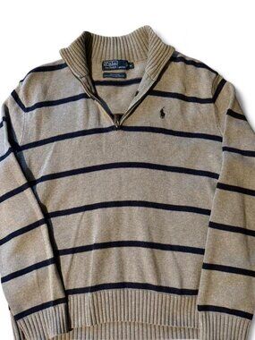 Polo Ralph Lauren Quarter-Zip Sweater Men’s Medium Grey Navy Striped Cotton